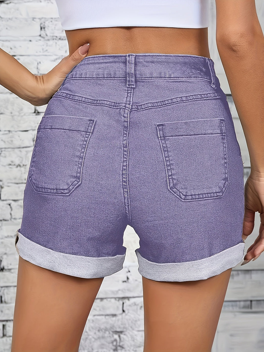 Thelma - Pantaloncini In Denim Elasticizzato a Corsa Alta Con Bottoni