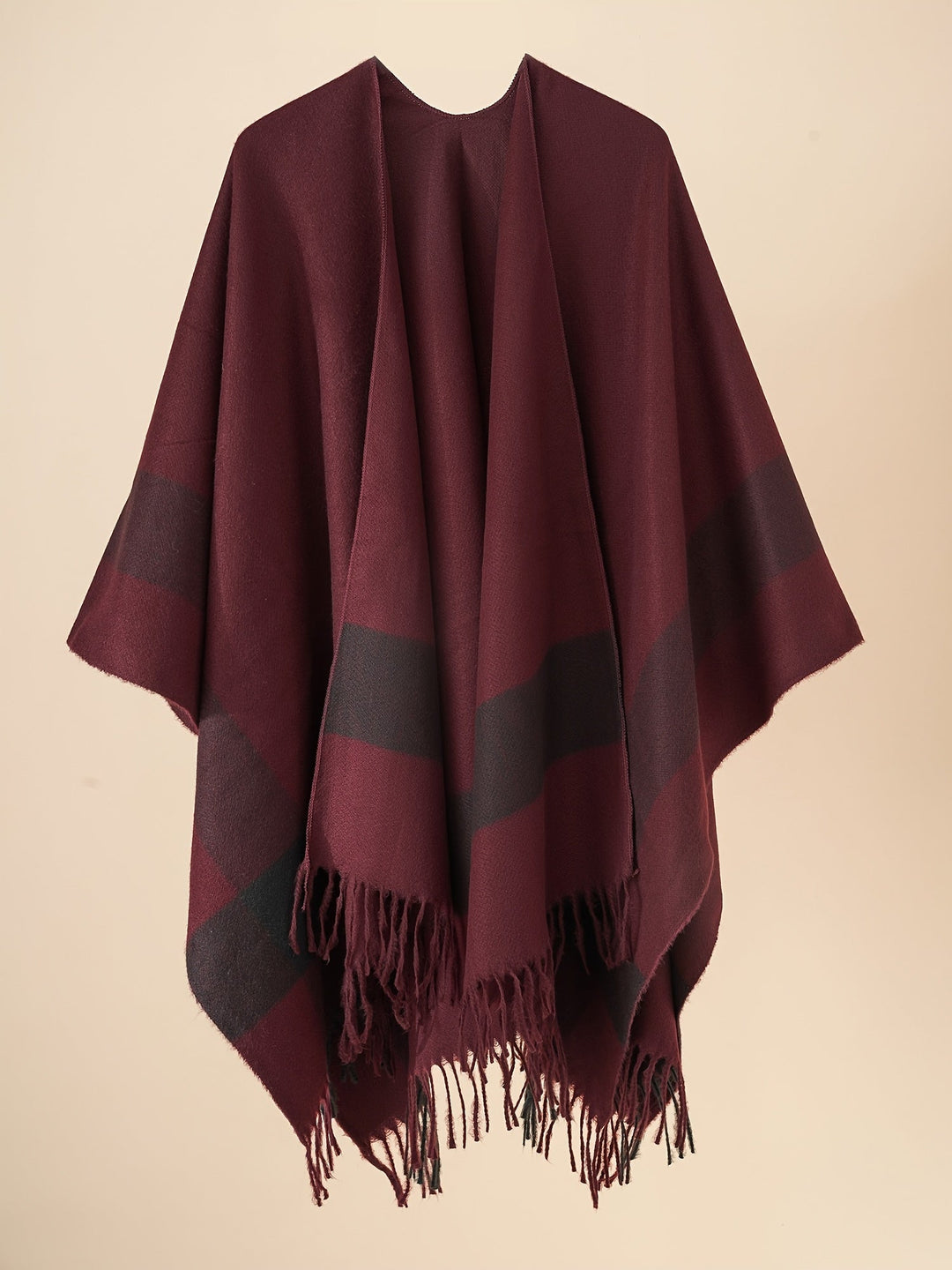 Kyrine - Geometric Pattern Fringed Poncho Shawl Wrap