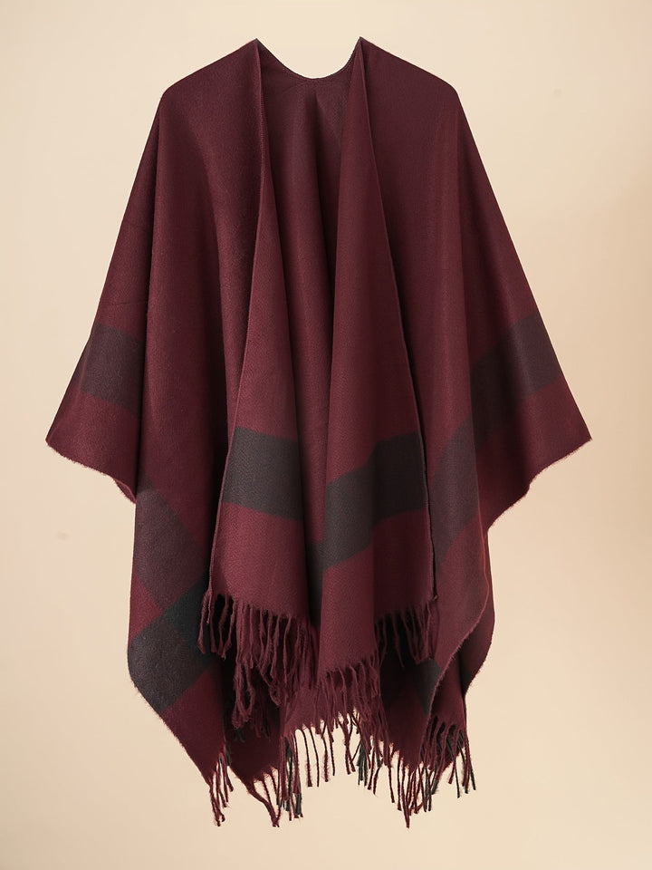 Kyrine - Geometric Pattern Fringed Poncho Shawl Wrap