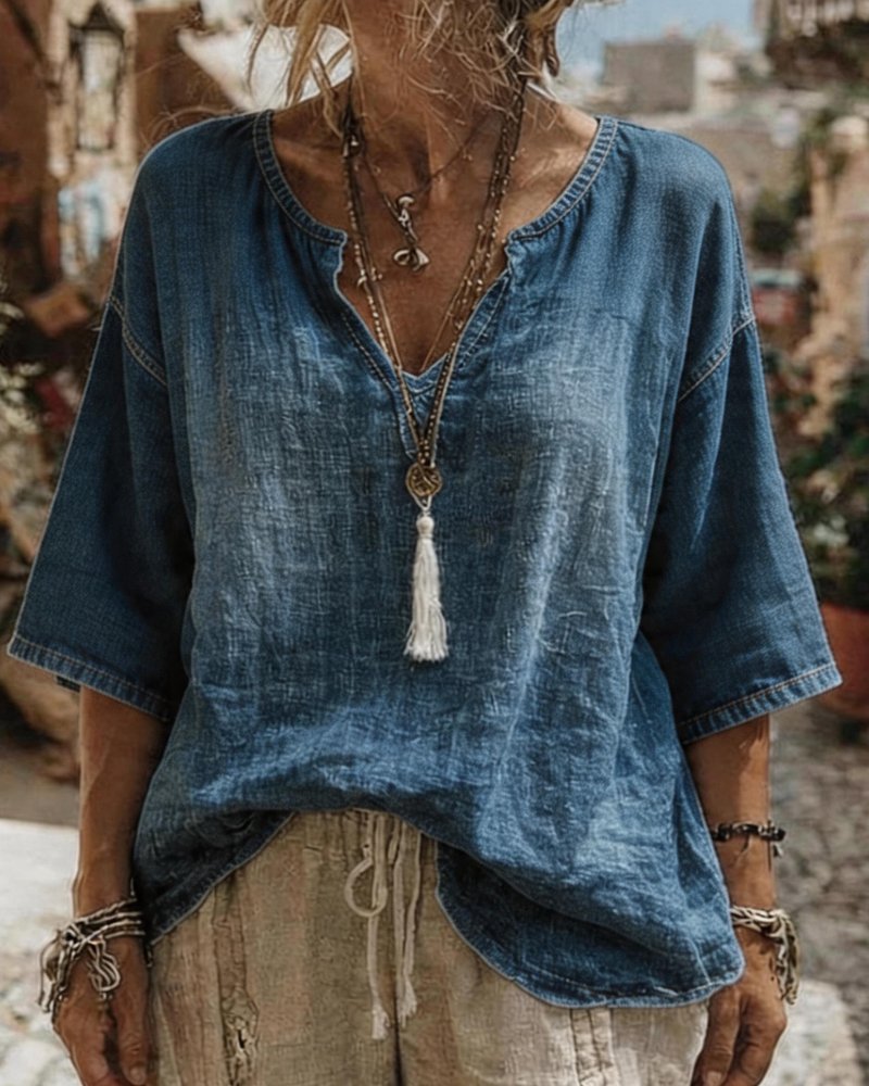 Syleena - Top In Denim Con Scollo a V e Maniche a Tre Quarti