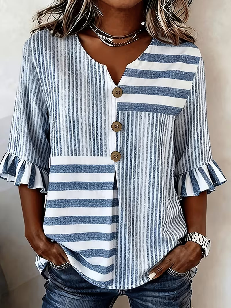 Avyra - Top a Righe Con Maniche a Volant E Bottoni in Stile Patchwork