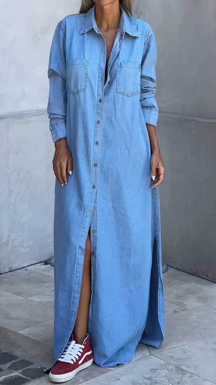 Vallina - Denim Manica Lunga Abito Con Risvolto