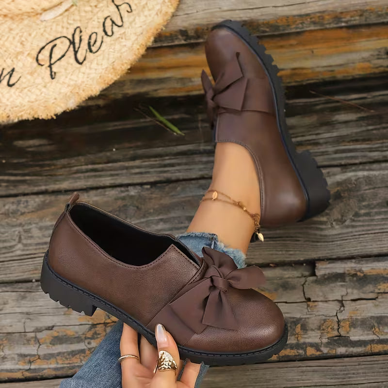 Nargiza - Elegant Bow Accent Round Toe Chunky Sole Loafers
