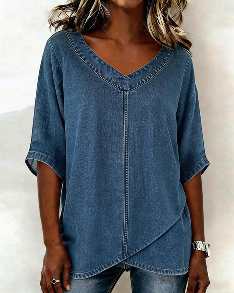 Laritza - Top Casual in Denim Con Scollo a V