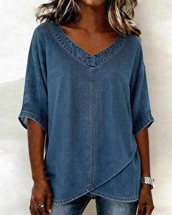 Laritza - Top Casual in Denim Con Scollo a V