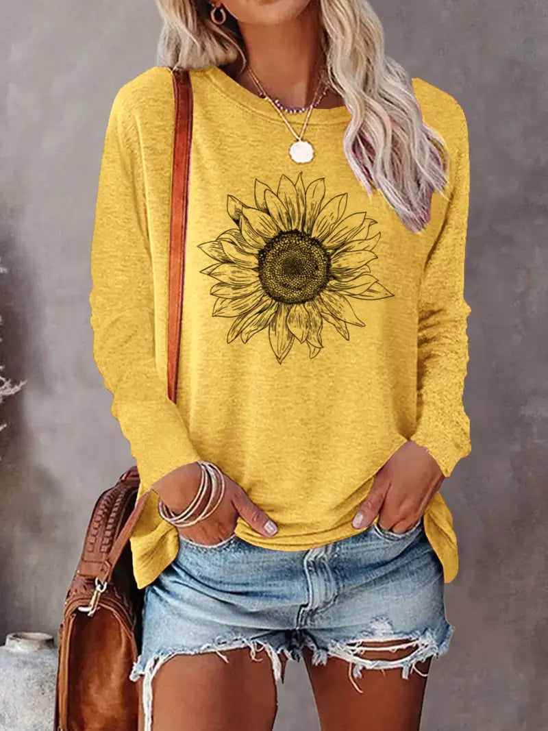 Levine - Elegante Top a Tunica Con Maniche Lunghe e Stampa Girasole