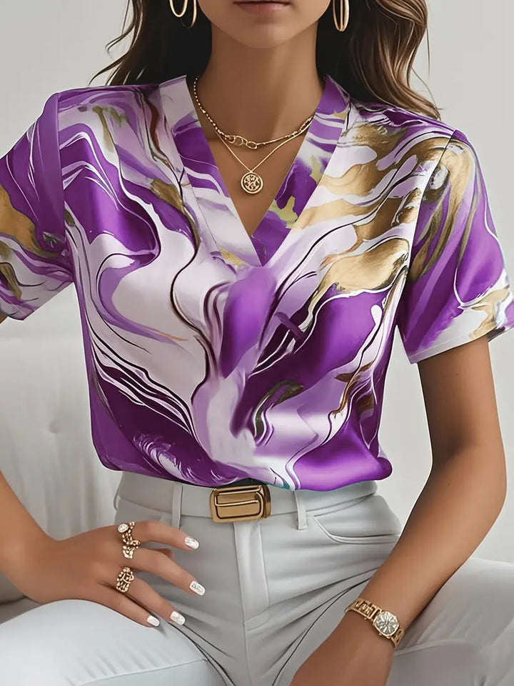 Maroula - Elegante Camicia A Maniche Corte Con Stampa Marmo