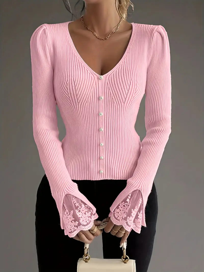 Visenna - Elegante Maglione Con Scollo a V e Maniche in Pizzo