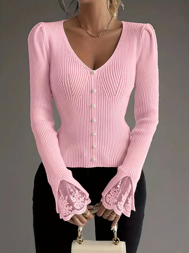 Visenna - Elegante Maglione Con Scollo a V e Maniche in Pizzo