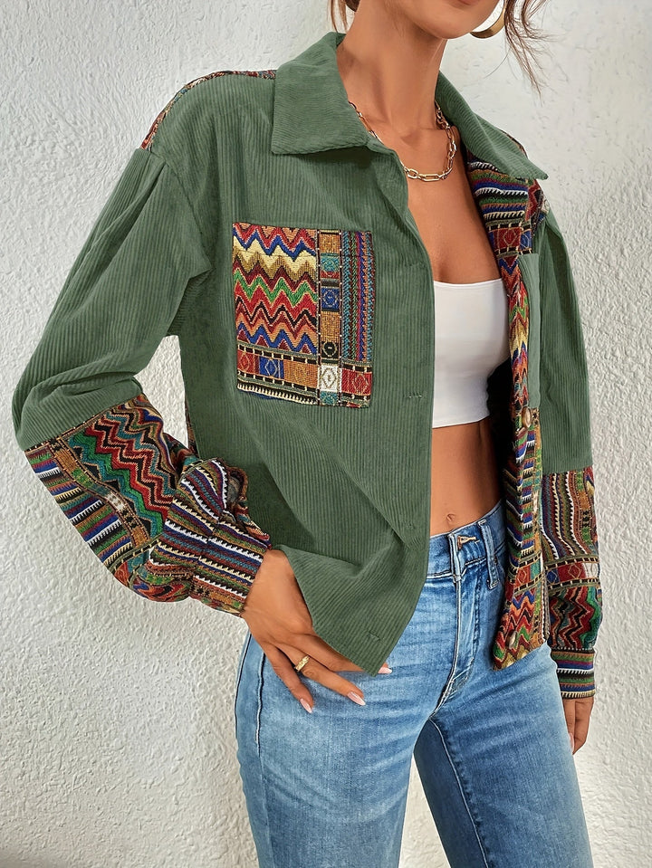Amelina - Giacca in Velluto a Coste Con Bottoni in Stile Boho Patchwork