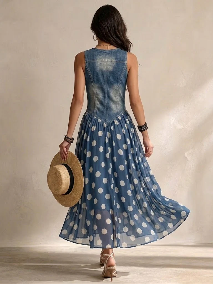 Vylina - Abitoin Denim Con Gonna In Chiffon a Pois