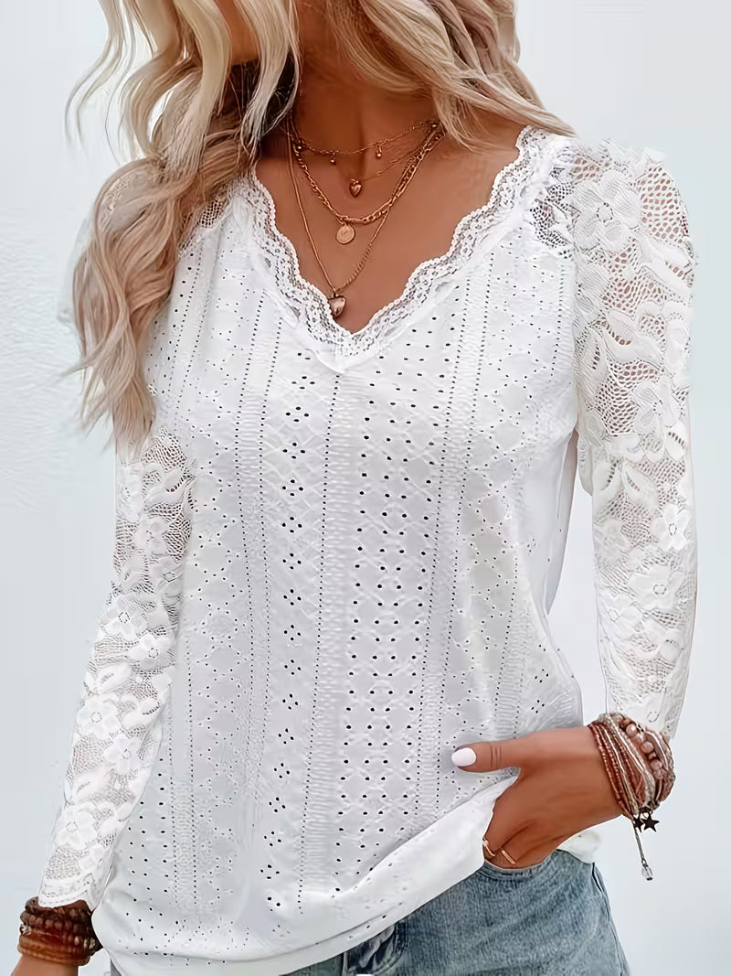 Shaleva - Camicia Elegante a Maniche Lunghe Con Scollo a V in Pizzo