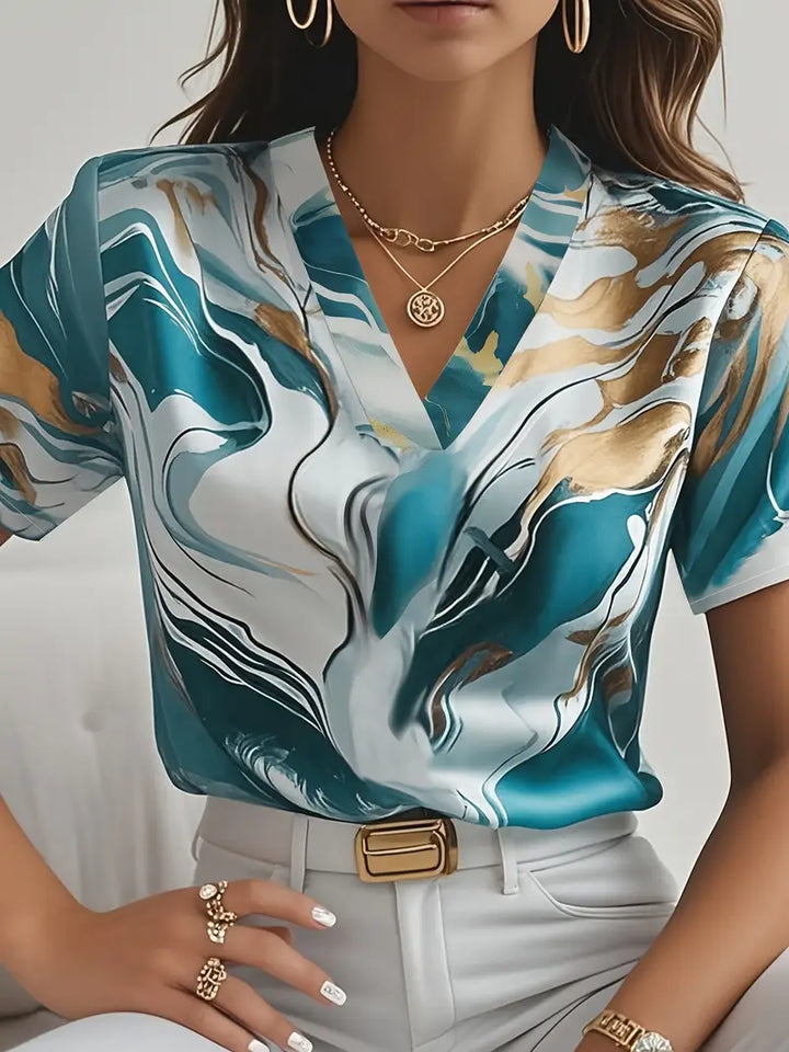 Maroula - Elegante Camicia A Maniche Corte Con Stampa Marmo