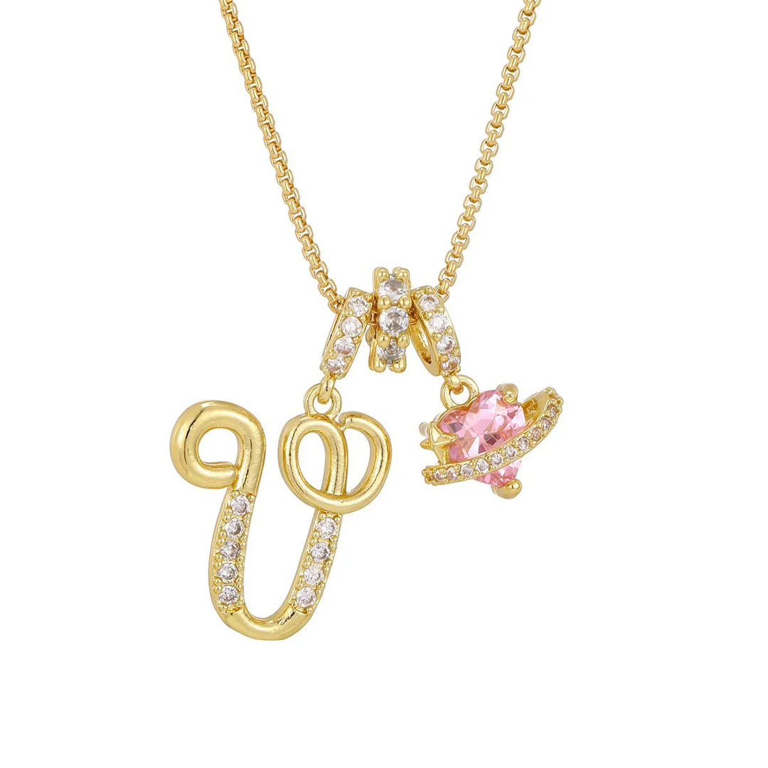 Nerute - Collana Con Iniziale e Ciondolo a Forma di Cuore Rosa