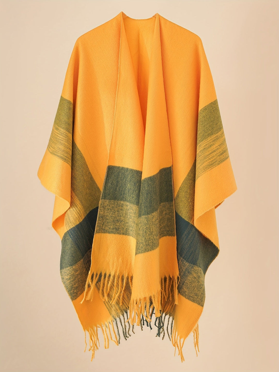 Kyrine - Geometric Pattern Fringed Poncho Shawl Wrap