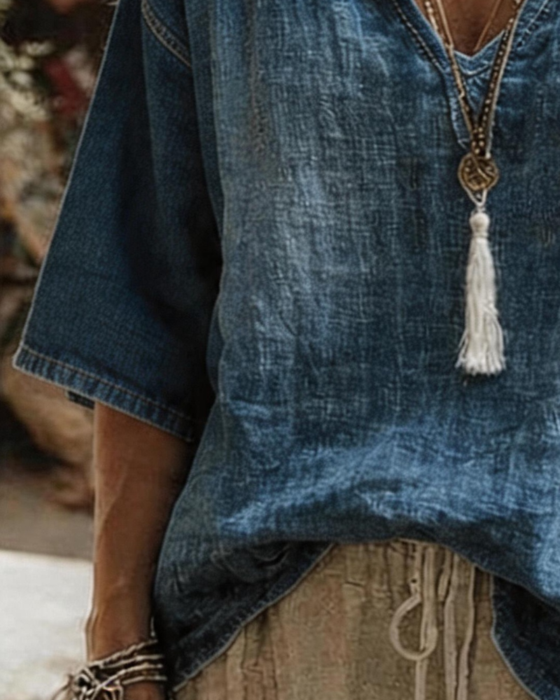 Syleena - Top In Denim Con Scollo a V e Maniche a Tre Quarti