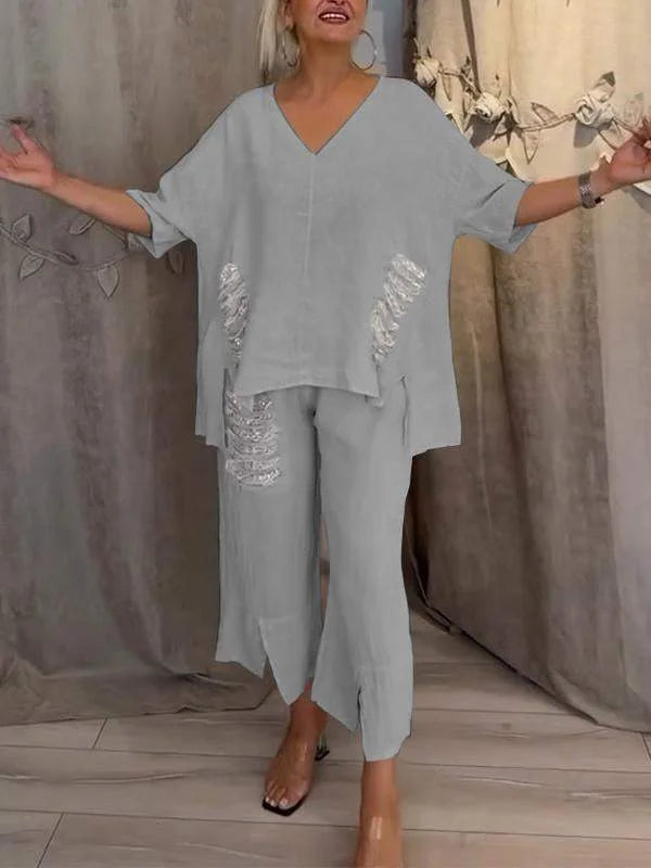 Himashi - Elegante Completo a Due Pezzi In Cotone e Lino Con Scollo a V