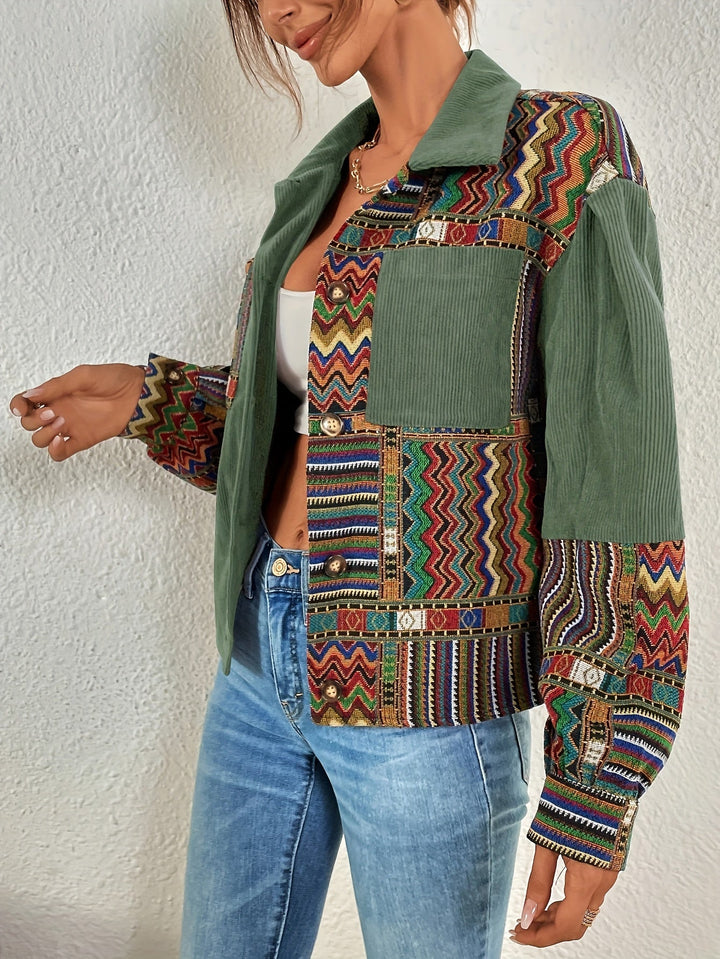 Amelina - Giacca in Velluto a Coste Con Bottoni in Stile Boho Patchwork