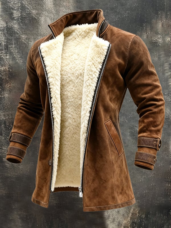Rakibul - Cappotto Retrò In Pelle Scamosciata e Pelle Con Progettazione Patchwork