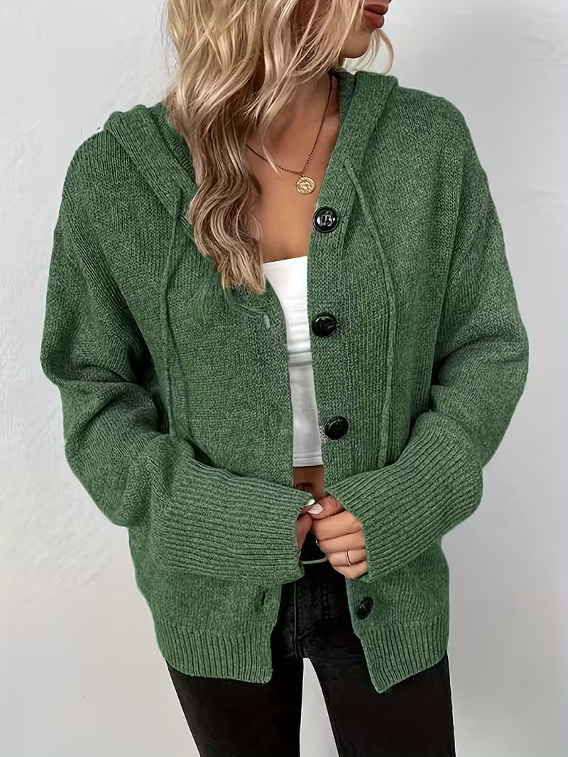 Karalina - Cardigan Con Cappuccio e Bottoni Sul Davanti In Maglia a Trecce