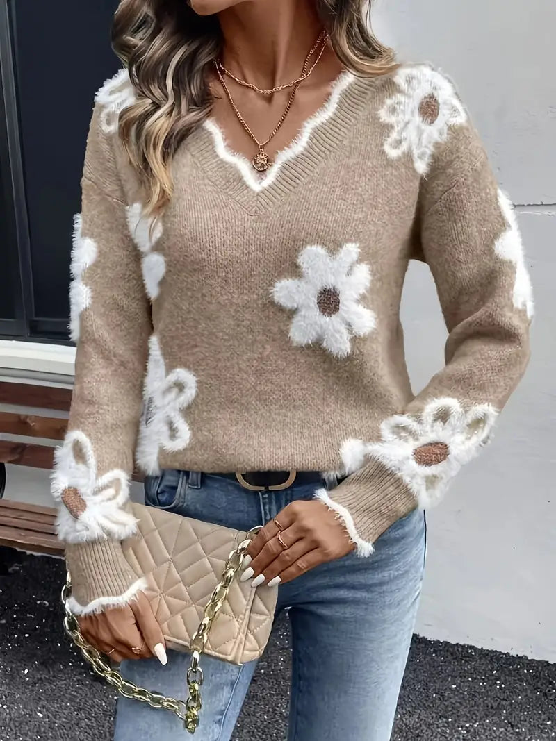Melanira - Maglione Elegante Con Scollo a V e Motivo Floreale