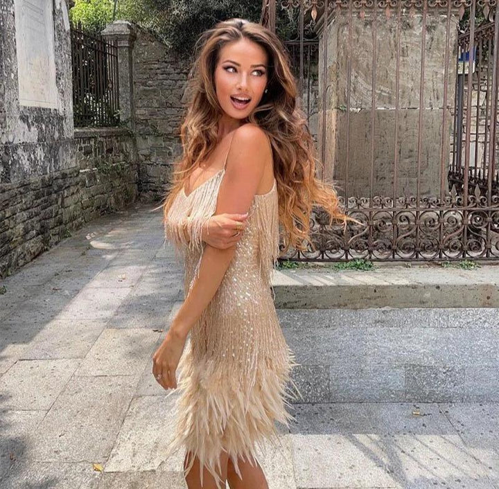 Jemima - Elegante Mini Abito Con Cuciture A Piume