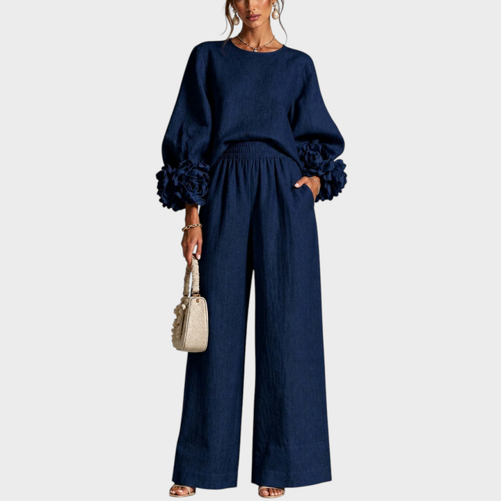 Mersada - Set Composto da Maglia a Maniche Lunghe con Polsini Floreali e Pantaloni a Gamba Larga