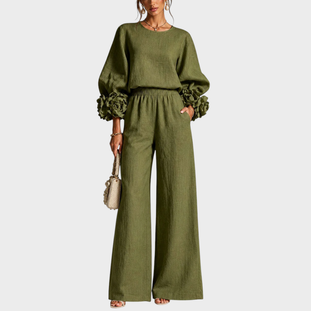 Mersada - Set Composto da Maglia a Maniche Lunghe con Polsini Floreali e Pantaloni a Gamba Larga