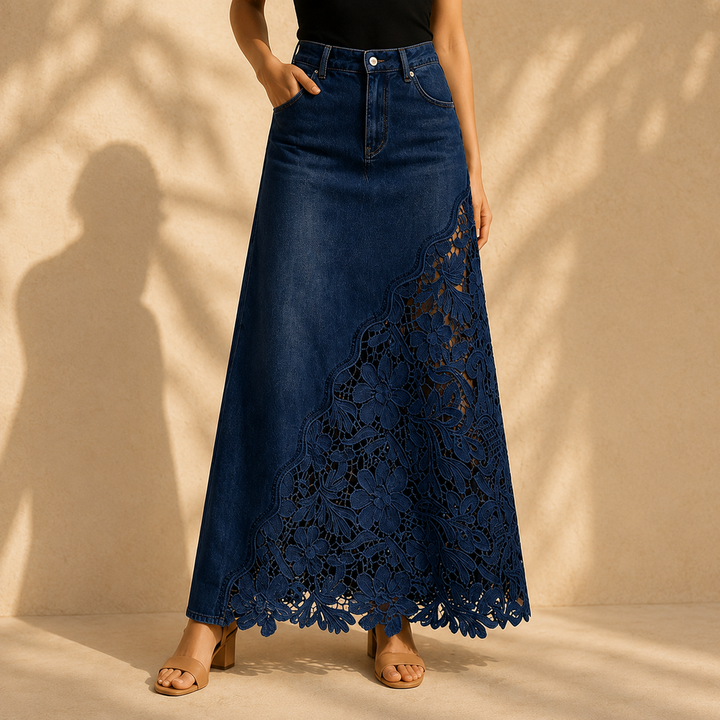 Khaingan - Gonna Lunga in Denim Con Pizzo