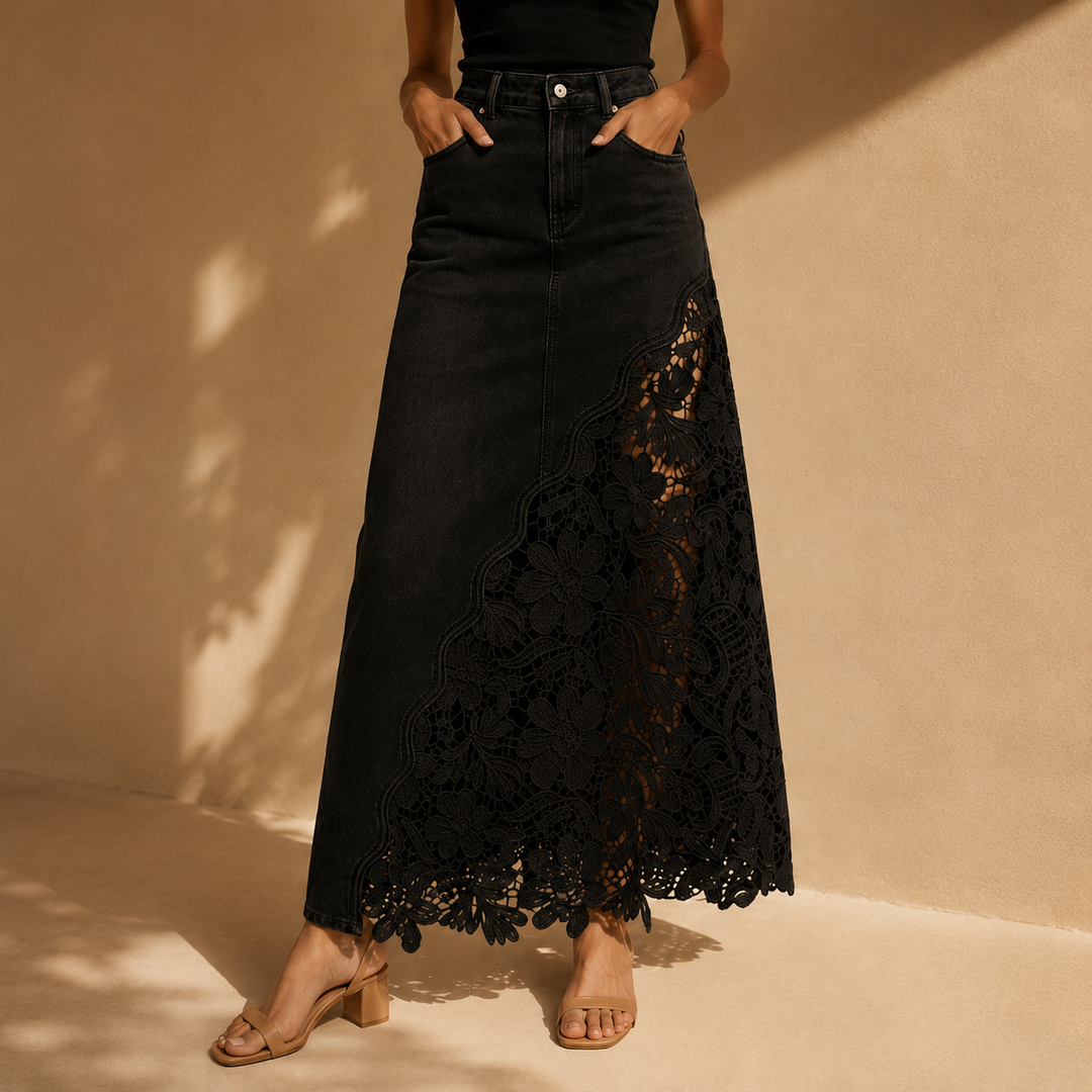 Khaingan - Gonna Lunga in Denim Con Pizzo