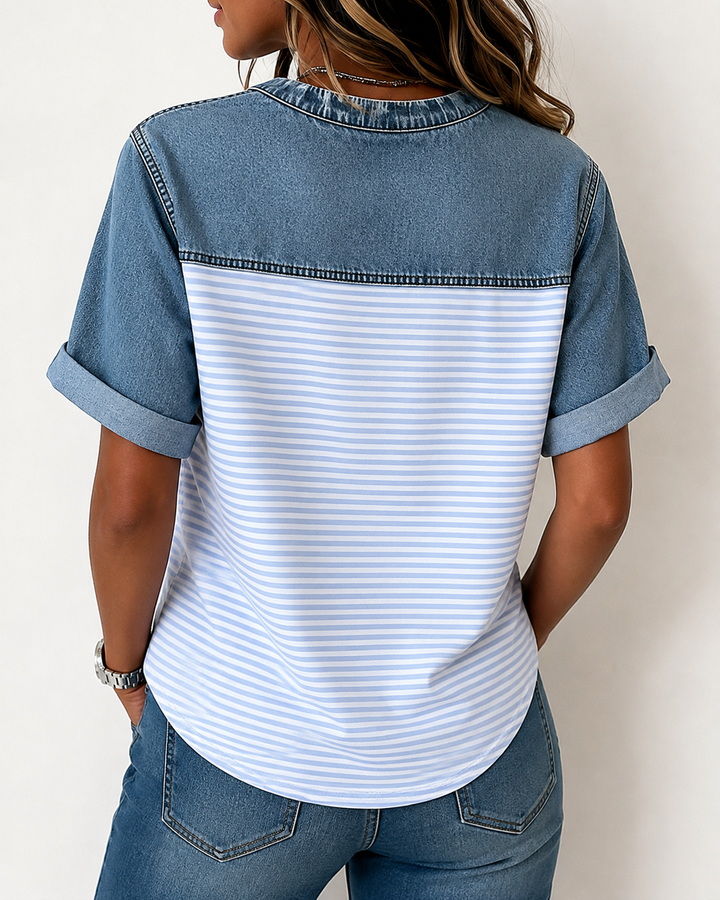Tessie - Camicetta in Denim Con Inserti a Righe