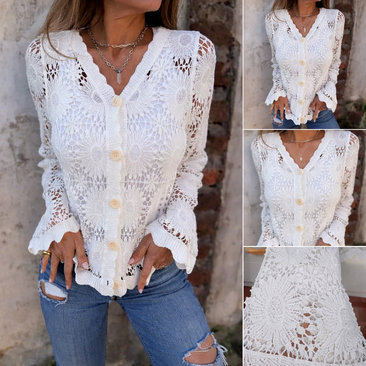 Imalka - Top a Maniche Lunghe Con Scollo a V in Pizzo