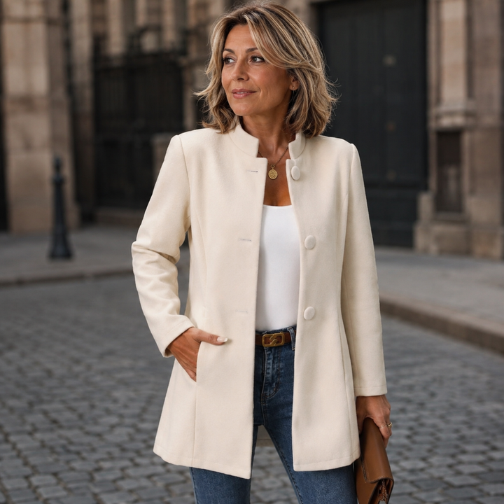 Liselotte - Cappotto Lungo Senza Colletto con Abbottonatura Frontale