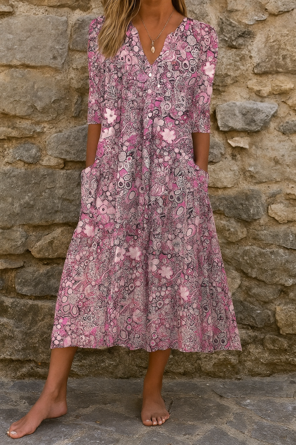 Eliskaa - Elegante Abito a Fiori Con Scollo a V
