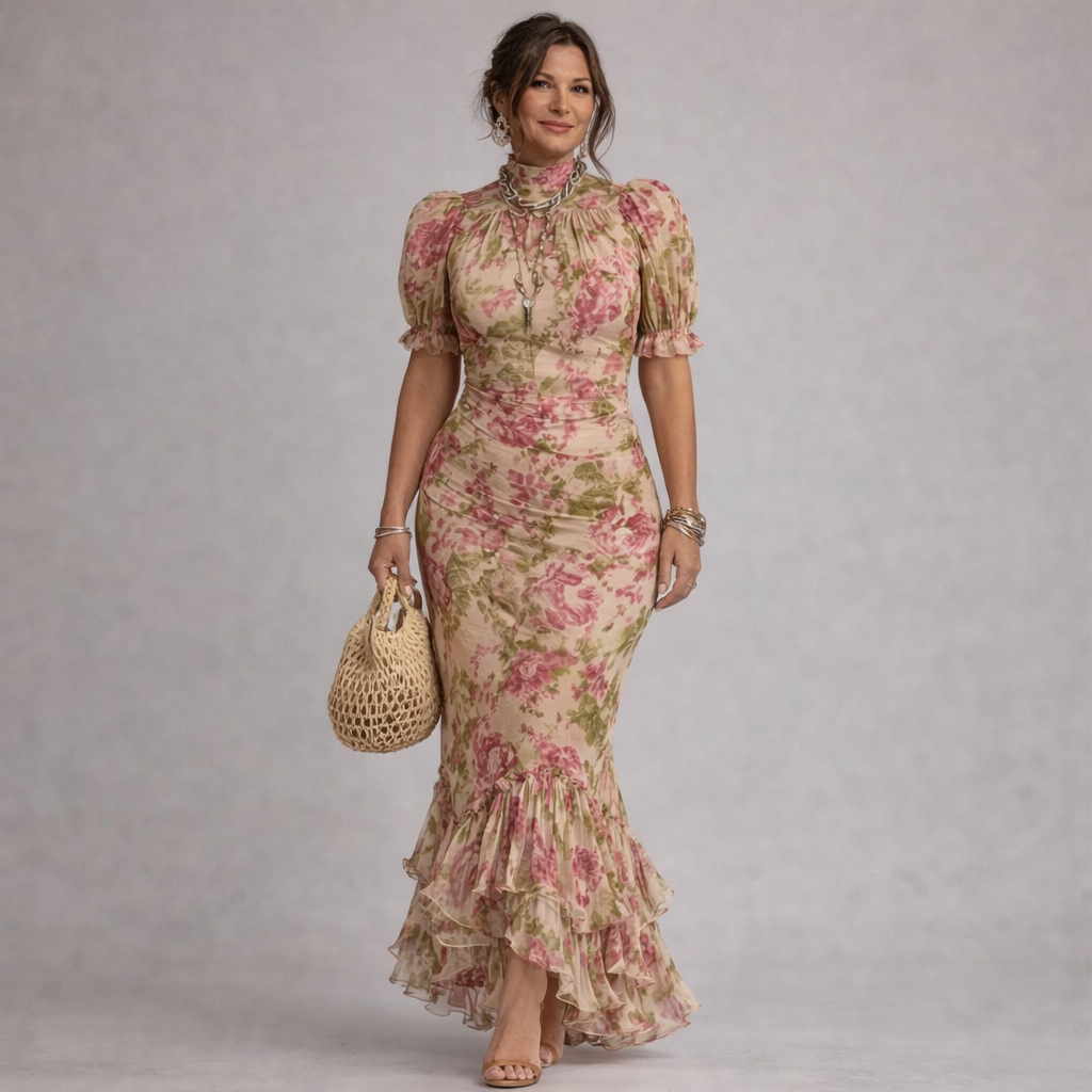 Erikka - Abito Floreale In Chiffon Con Orlo a Balze