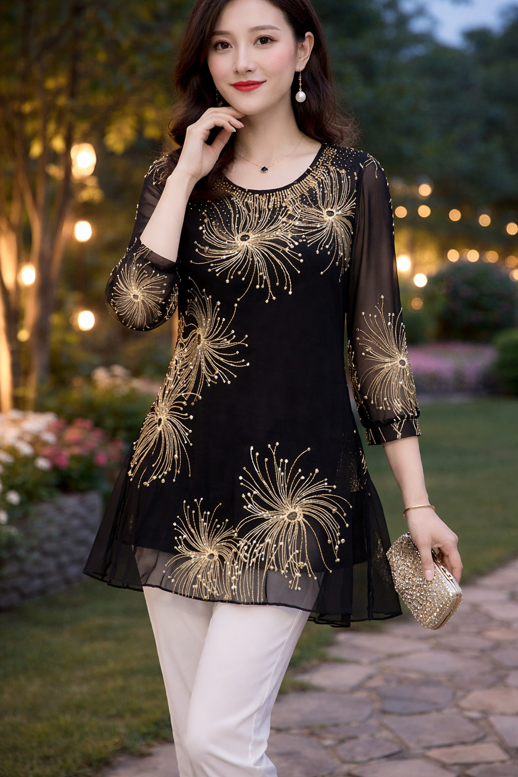 Skirmante - Top in Chiffon Stampato Con Scollo Rotondo