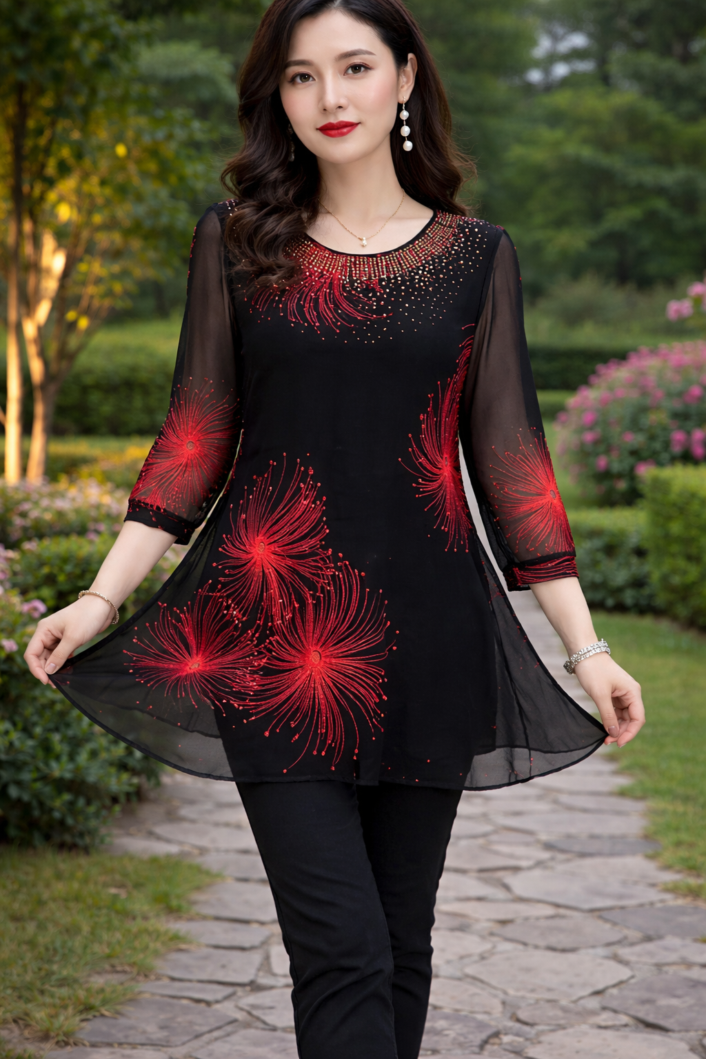 Skirmante - Top in Chiffon Stampato Con Scollo Rotondo
