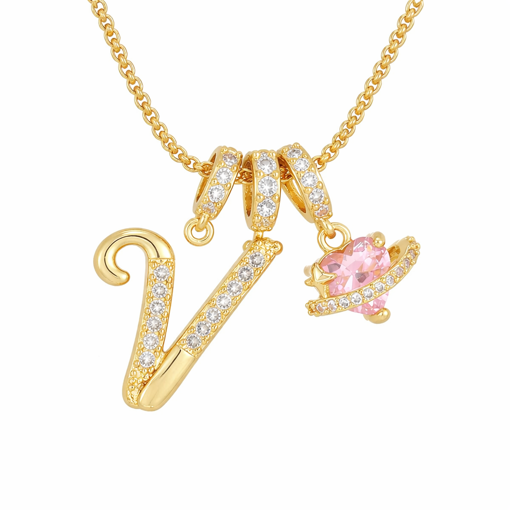 Nerute - Collana Con Iniziale e Ciondolo a Forma di Cuore Rosa