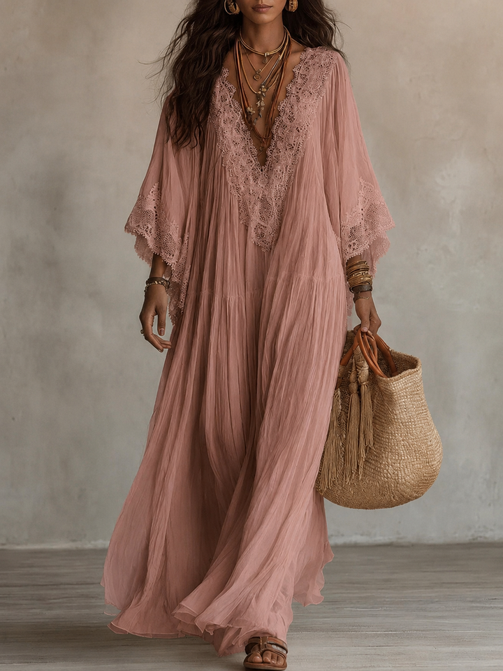 Ainura - Abito Lungo in Chiffon Color Avorio E Pizzo