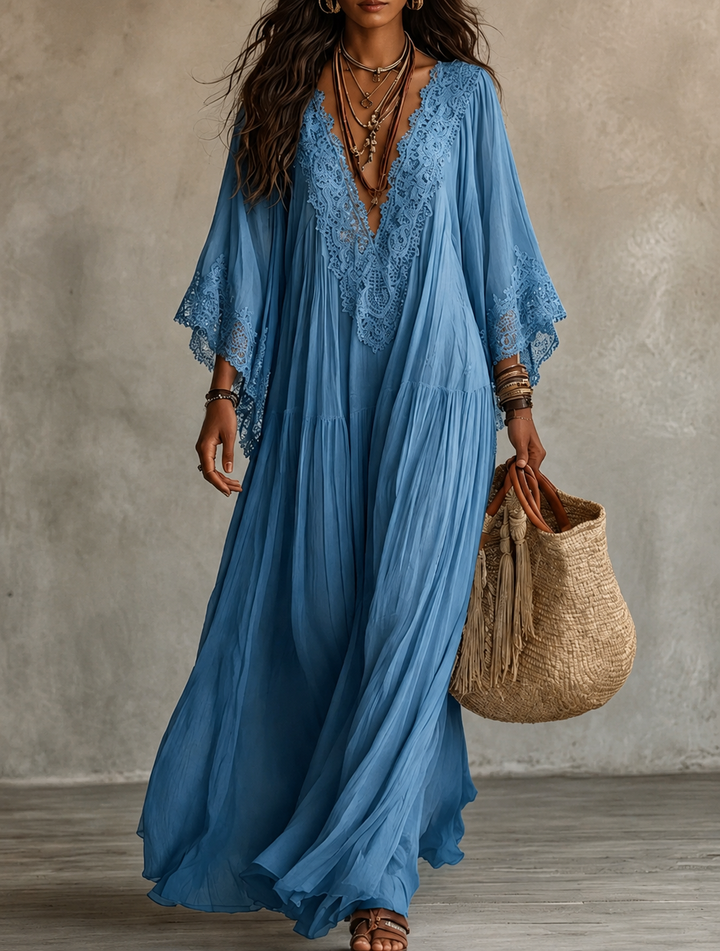 Ainura - Abito Lungo in Chiffon Color Avorio E Pizzo