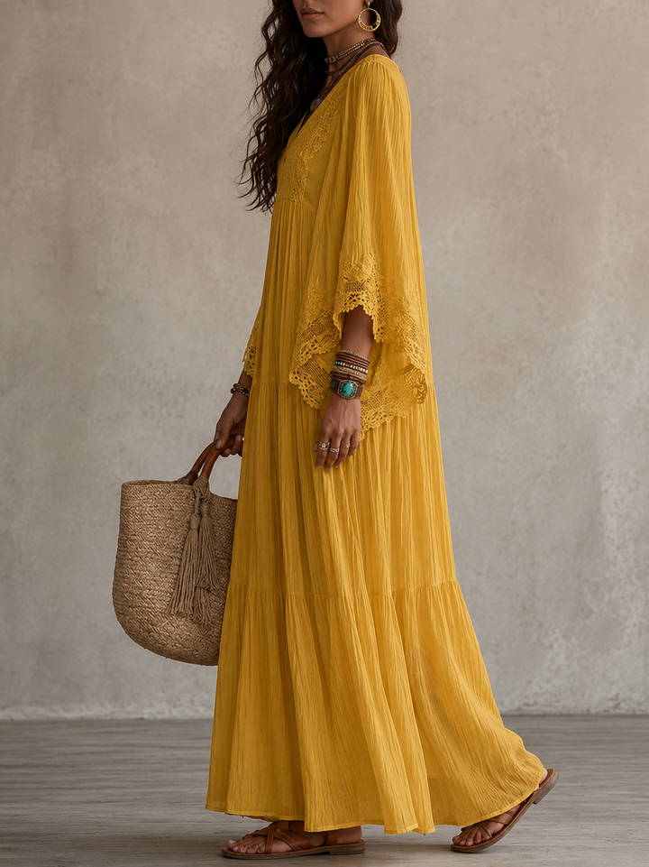 Ainura - Abito Lungo in Chiffon Color Avorio E Pizzo