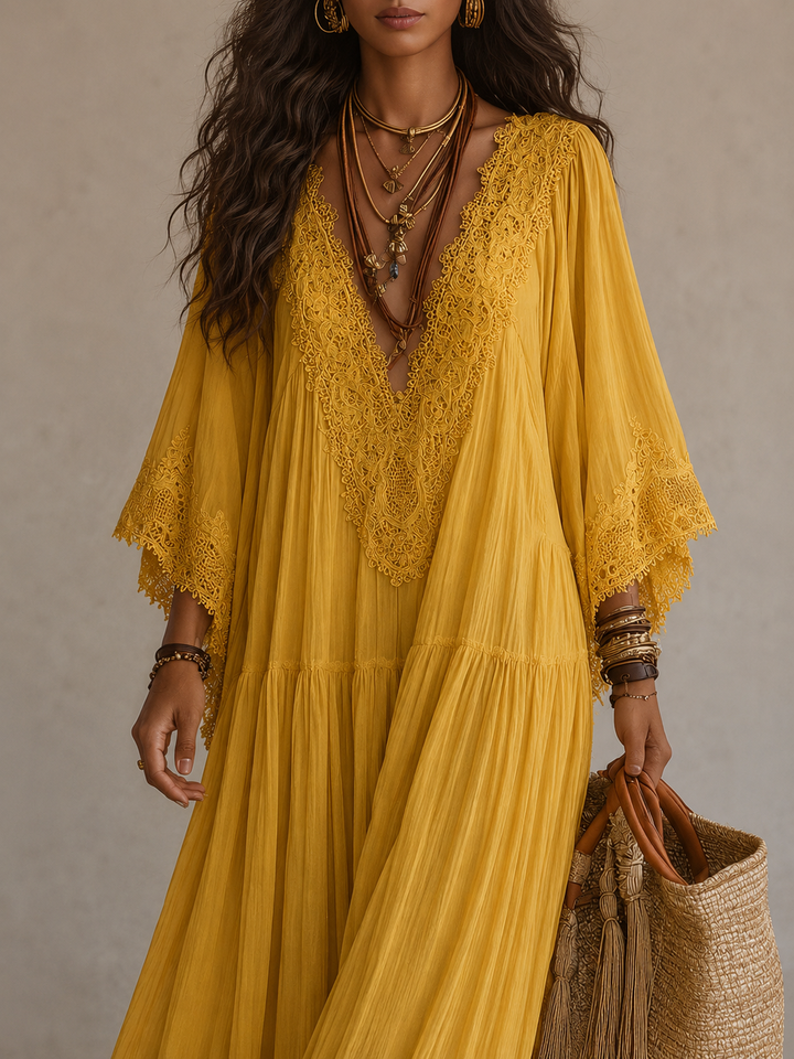 Ainura - Abito Lungo in Chiffon Color Avorio E Pizzo