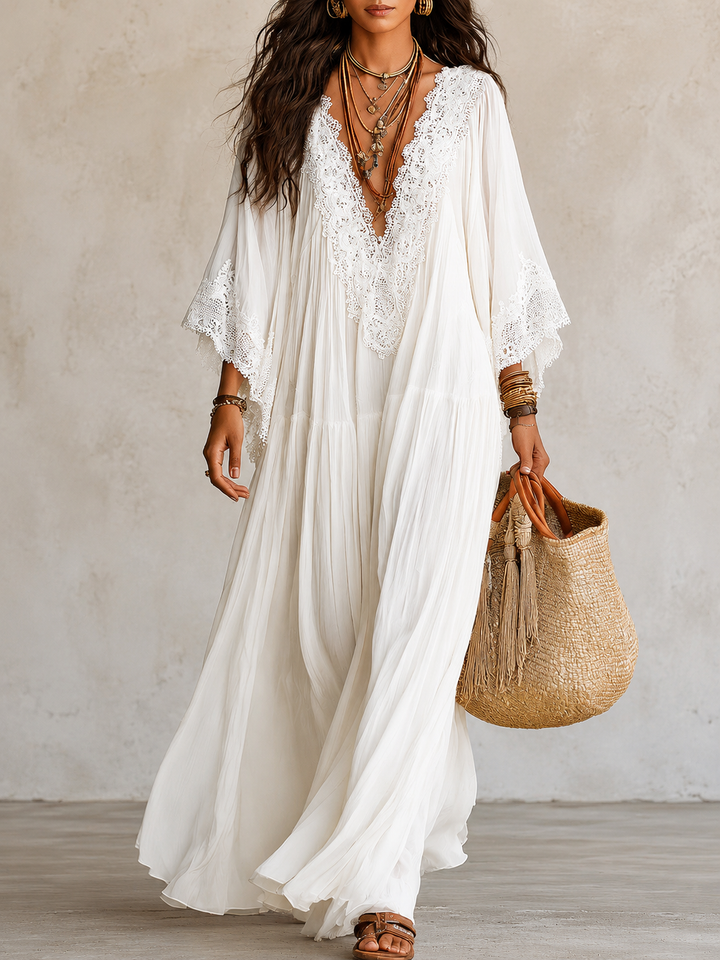 Shimmila - Abito Lungo in Chiffon Con Maniche a Pipistrello e Pizzo