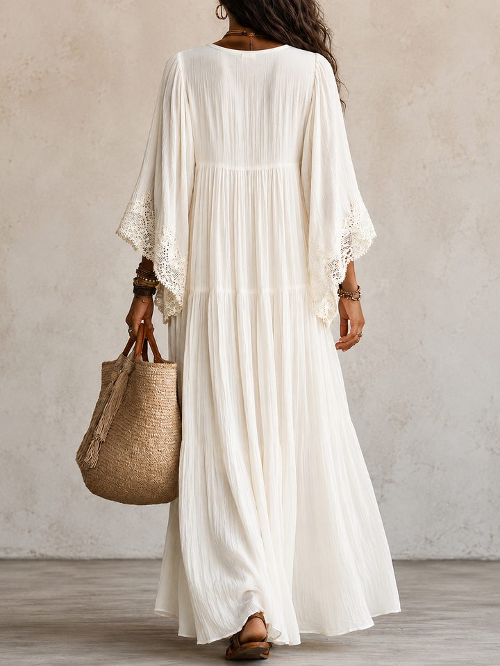 Shimmila - Abito Lungo in Chiffon Con Maniche a Pipistrello e Pizzo