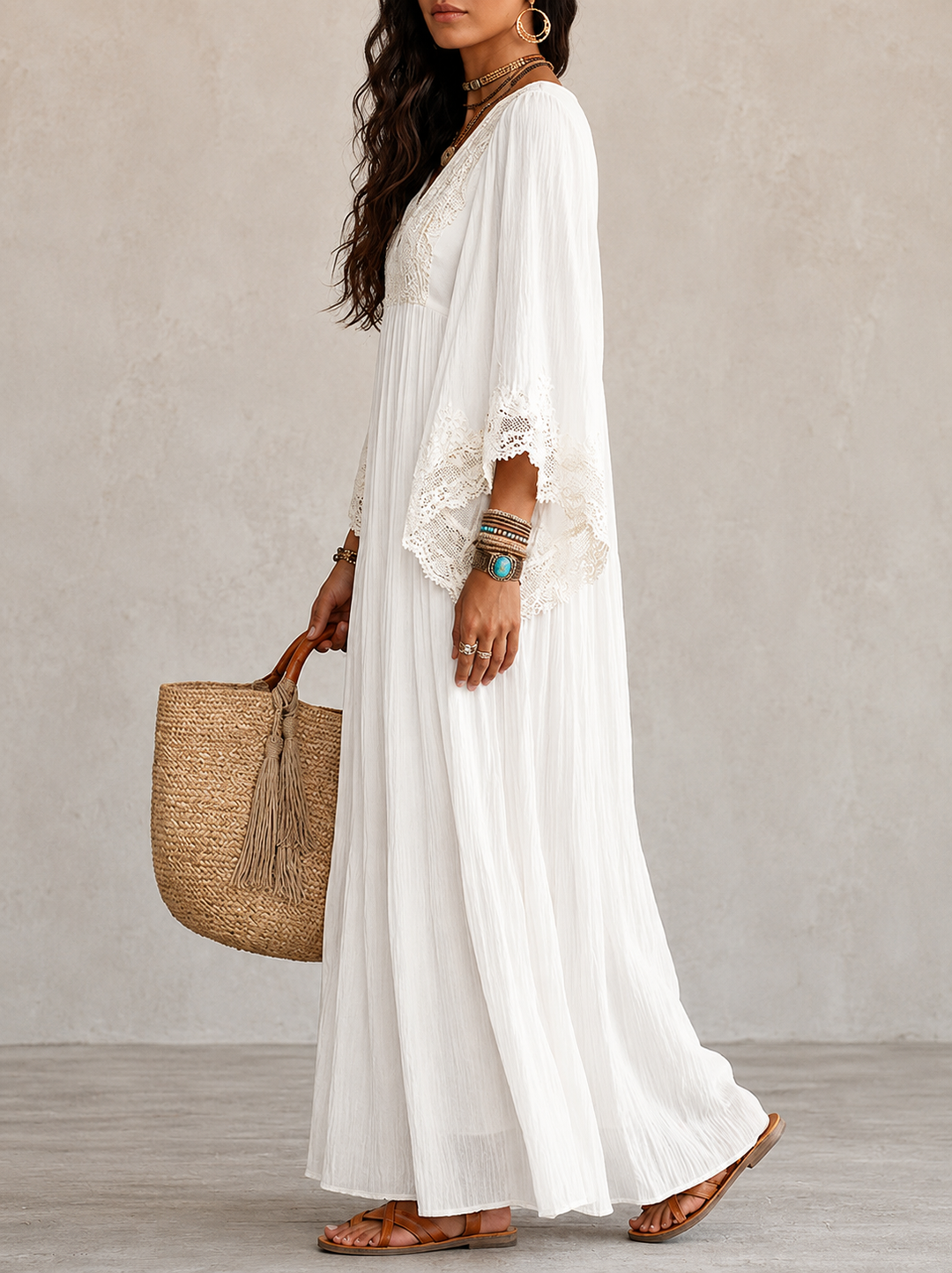 Shimmila - Abito Lungo in Chiffon Con Maniche a Pipistrello e Pizzo