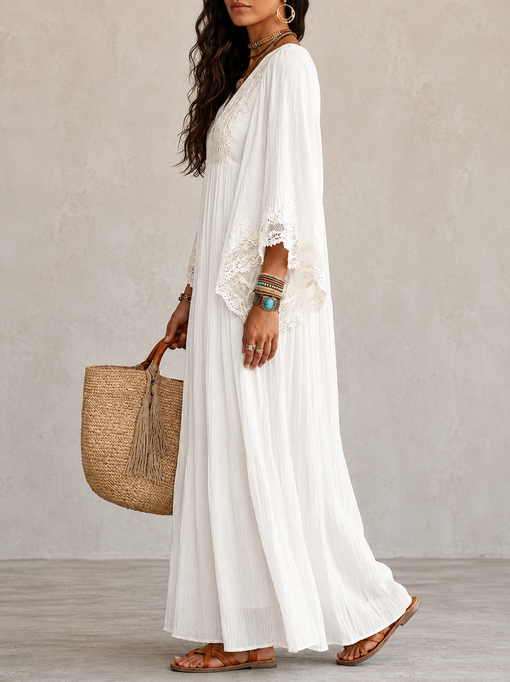 Shimmila - Abito Lungo in Chiffon Con Maniche a Pipistrello e Pizzo