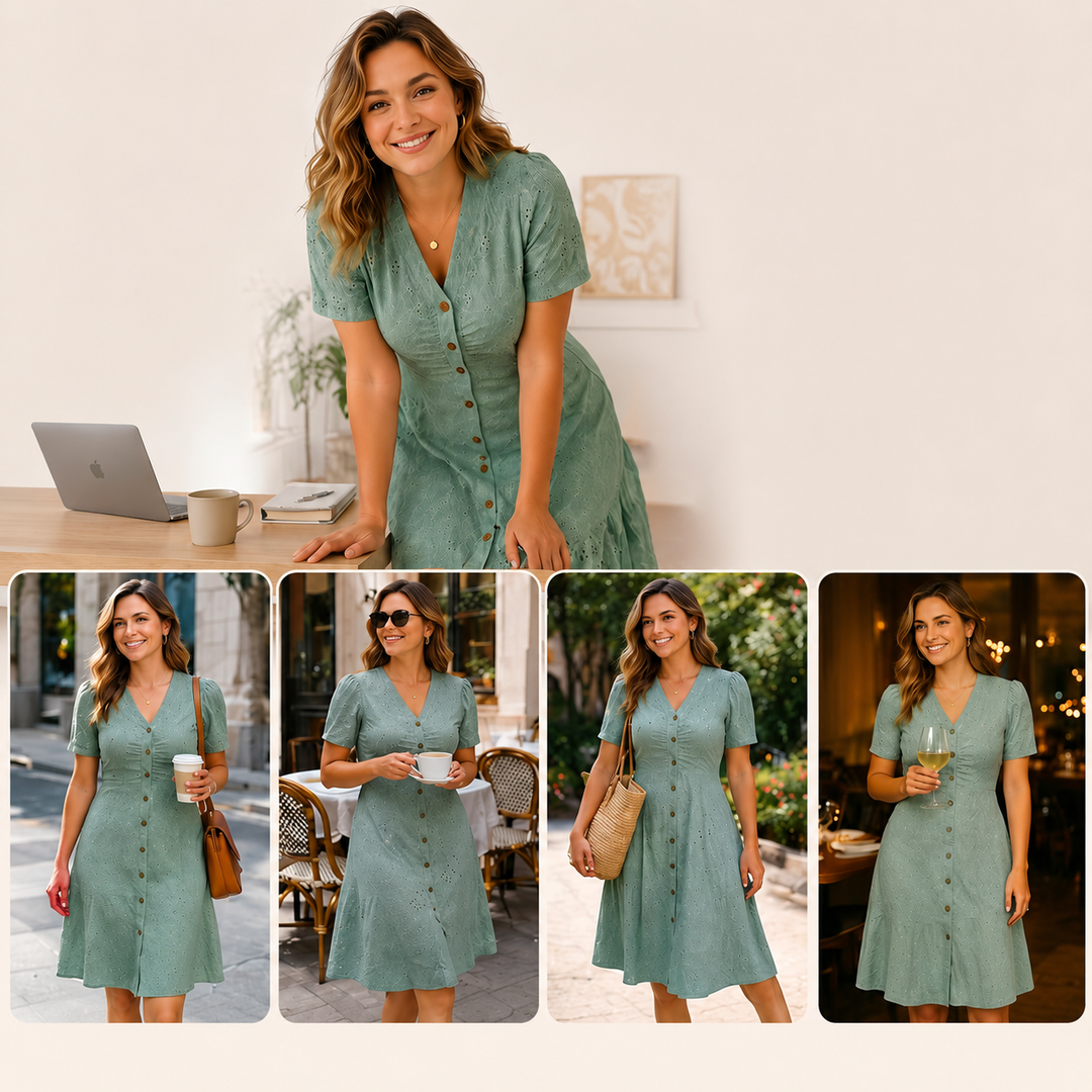 Stellah - Elegante Abito Midi Con Maniche a Sbuffo