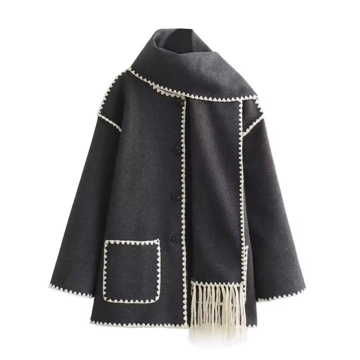 Synia - Cappotto Con Frange Ricamate E Sciarpa Abbinata