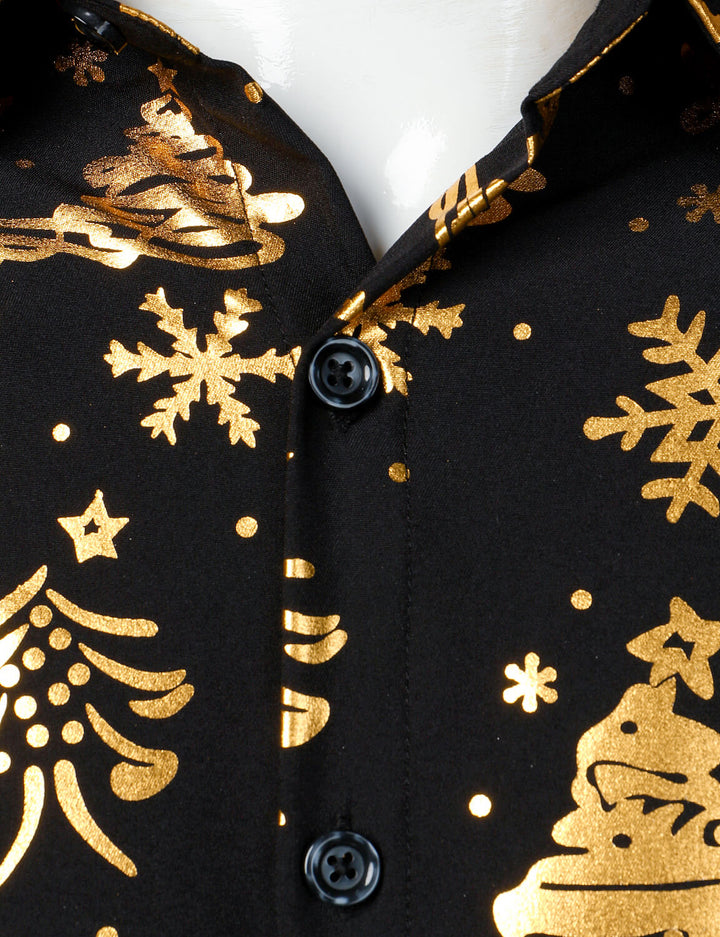 Nalcolm - Camicia da uomo Nera con Stampa natalizia Dorata e Maniche Lunghe