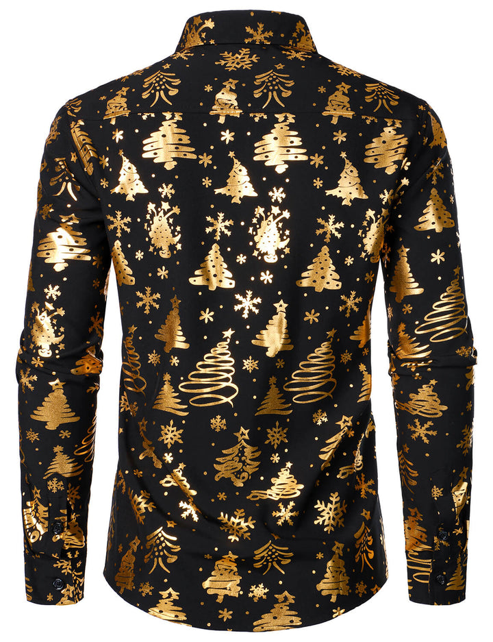 Nalcolm - Camicia da uomo Nera con Stampa natalizia Dorata e Maniche Lunghe